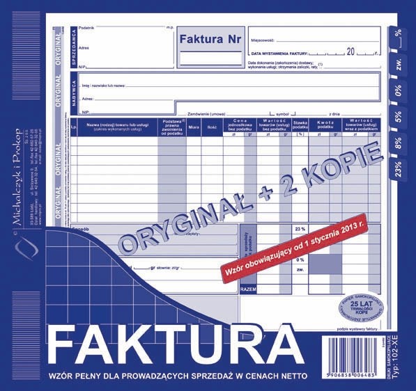 Faktura VAT dla prowadzących sprzedaż netto 2/3 a4 o+1