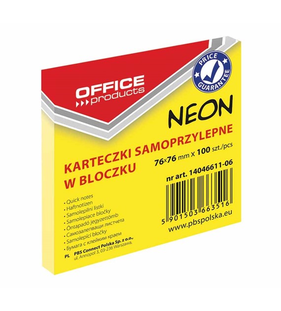 Bloczek samoprzylepny 76x76 Office Products neon żółty