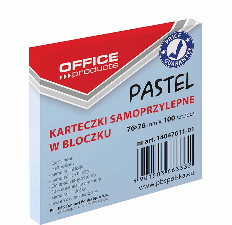 Bloczek samoprzylepny 76x76 Office Products pastel niebieski