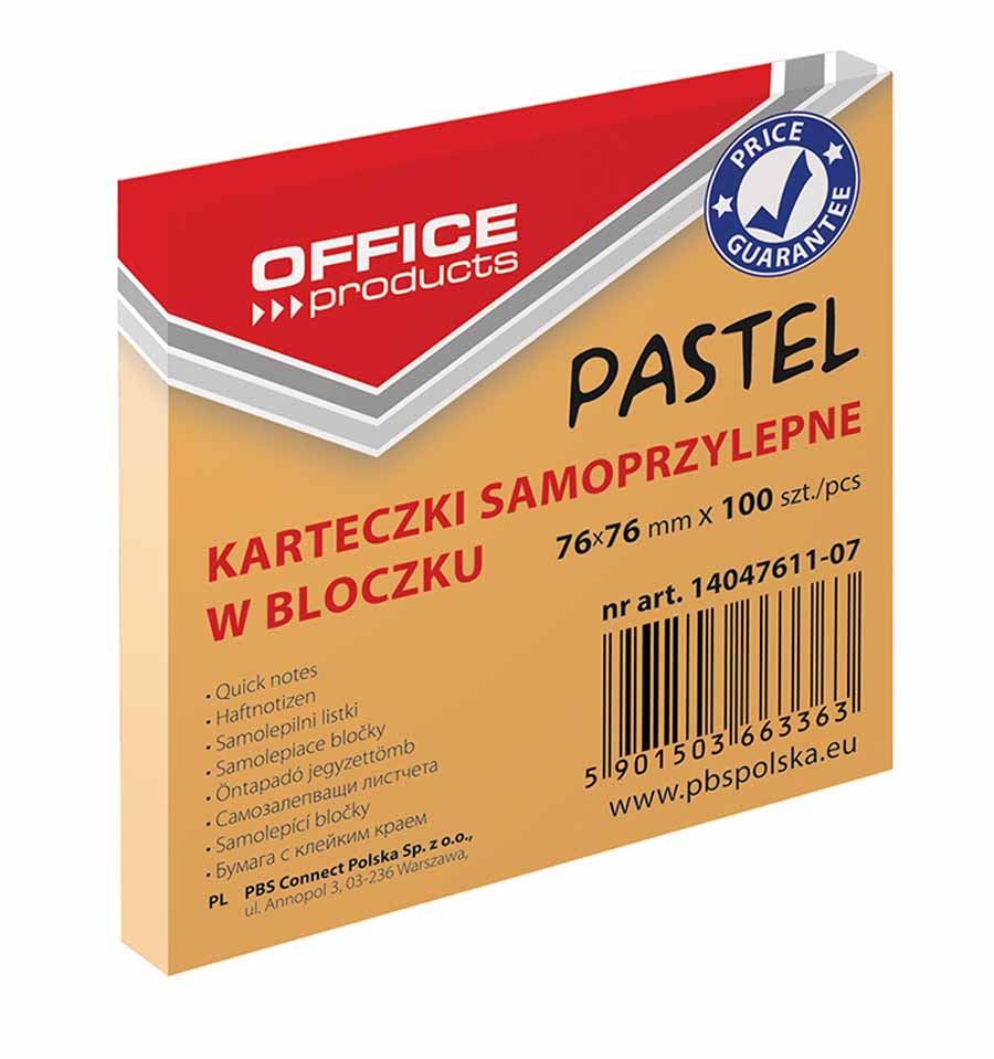 Bloczek samoprzylepny 76x76 Office Products pastel pomarańczowy
