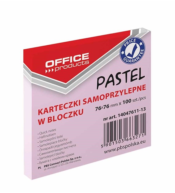 Bloczek samoprzylepny 76x76 Office Products pastel różowy