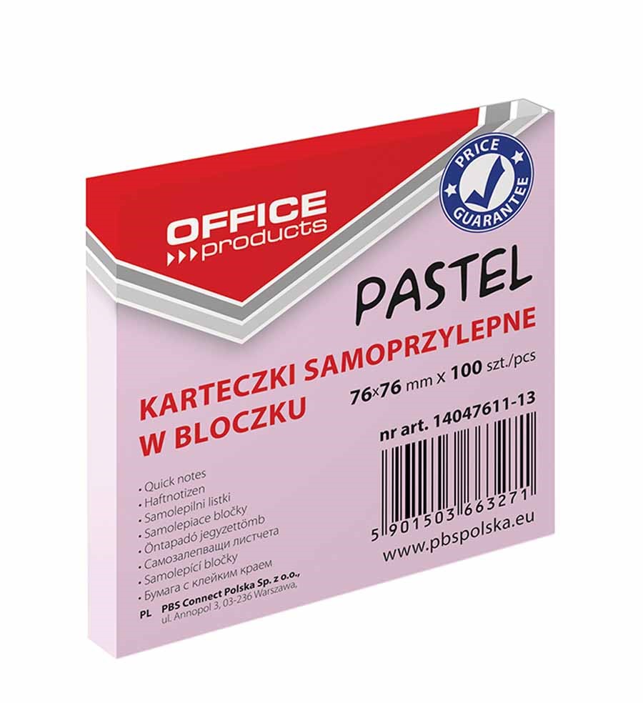 Bloczek samoprzylepny 76x76 Office Products pastel różowy