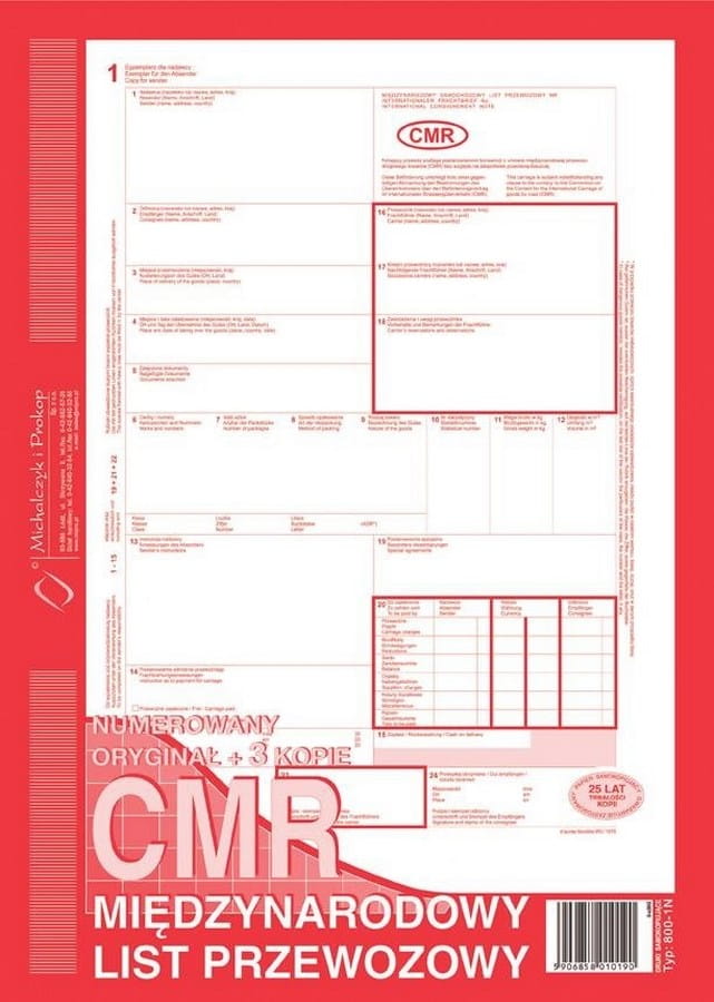 CMR Międzynarodowy list przewozowy, A4 (o+3k) numerowany