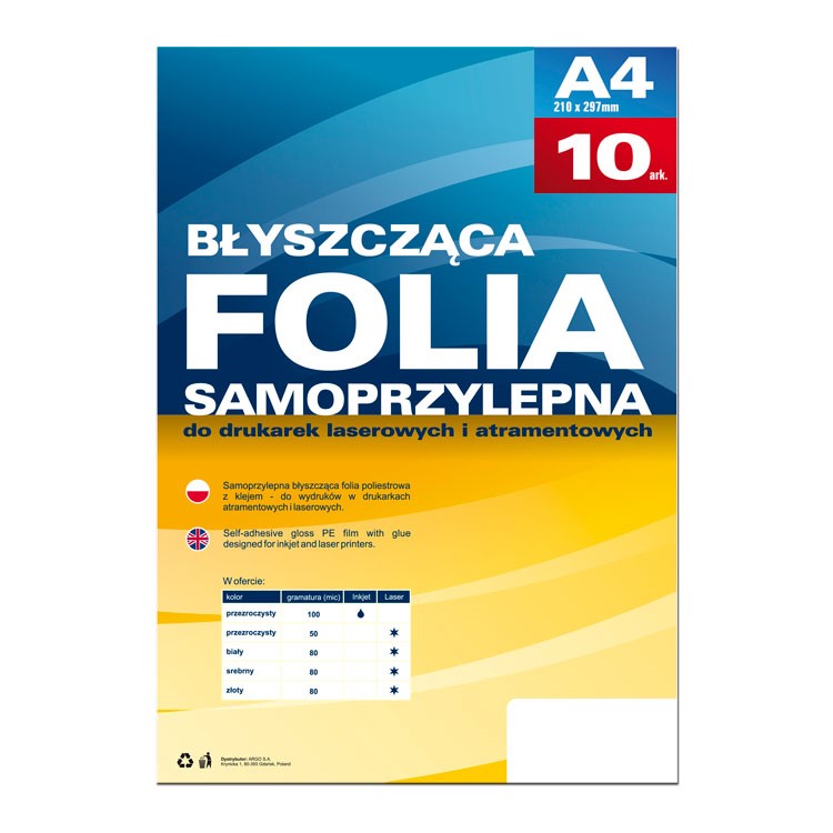 Folia samoprzylepna Argo A4/10 100mic atrament przeźroczysta