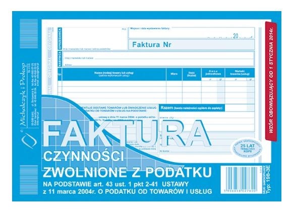 Faktura – czynności zwolnione z podatku VAT A5 (o+1k)