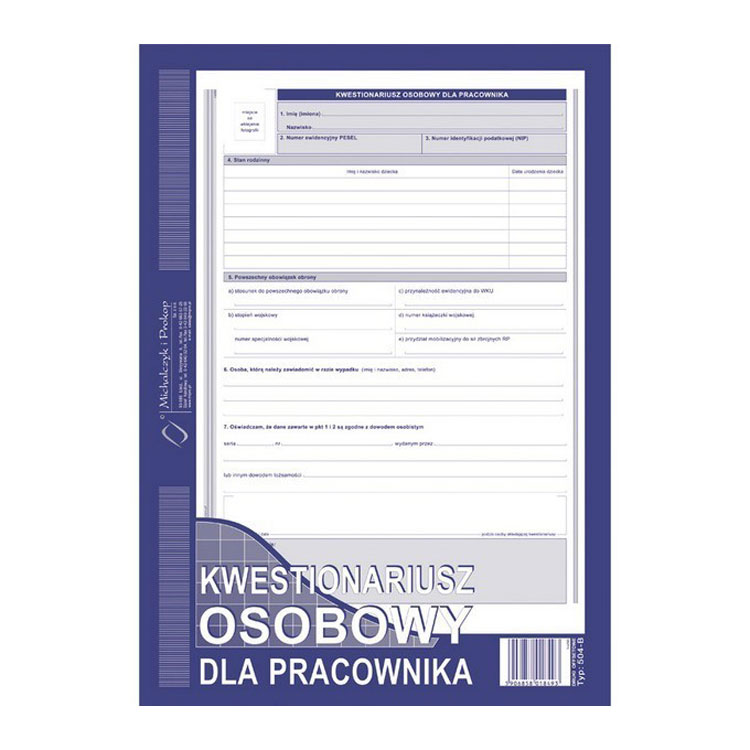 Kwestionariusz osobowy dla pracownika A4 (offset)
