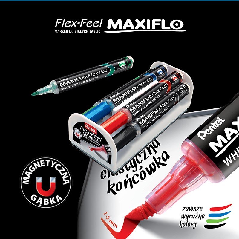 Marker suchościeralny Pentel Flex-Feel 4-kol. z gąbką