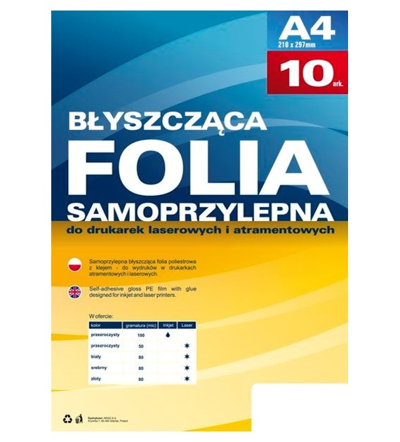 Folia samoprzylepna Argo A4/10 80mic laser biała