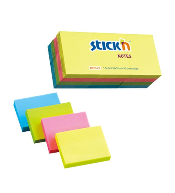 Bloczek samoprzylepny 38x51 Stick'n 12szt. 4-kolory neon