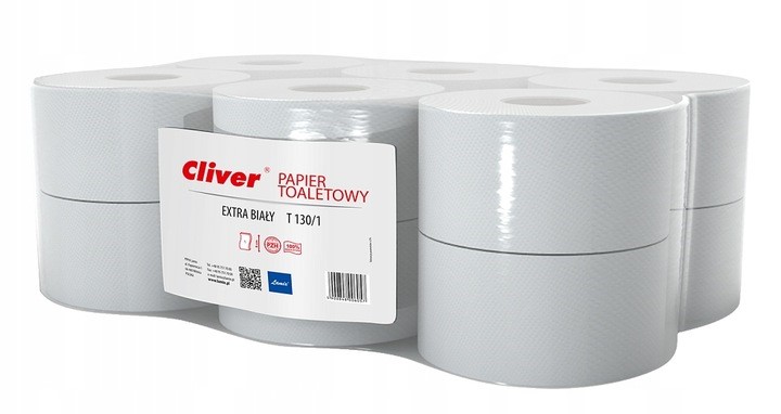 Papier toalet. Jumbo Cliver T130 1-warstw. biały 12 szt. w opakowaniu