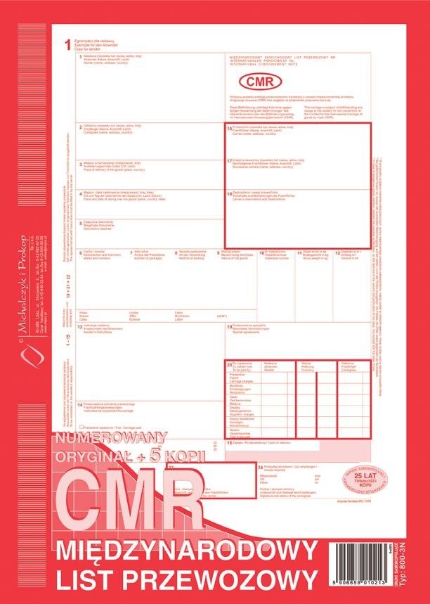 CMR Międzynarodowy list przewozowy A4 (O+5k) numerowany